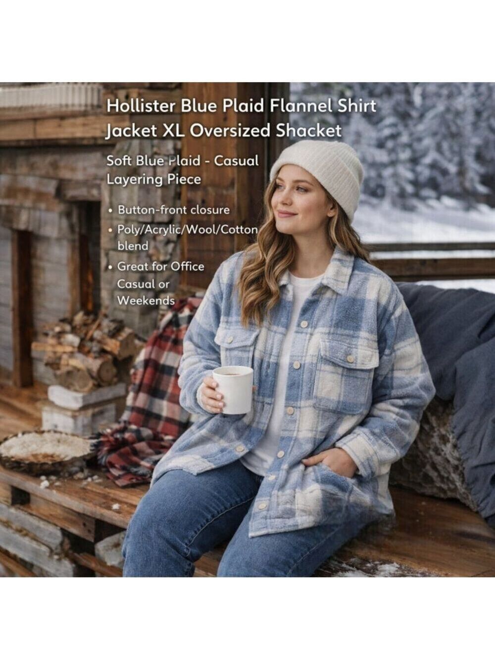 Hollister Blue Plaid Shacket Jacket Overshirt Button Front XL Cozy Cabin Casual